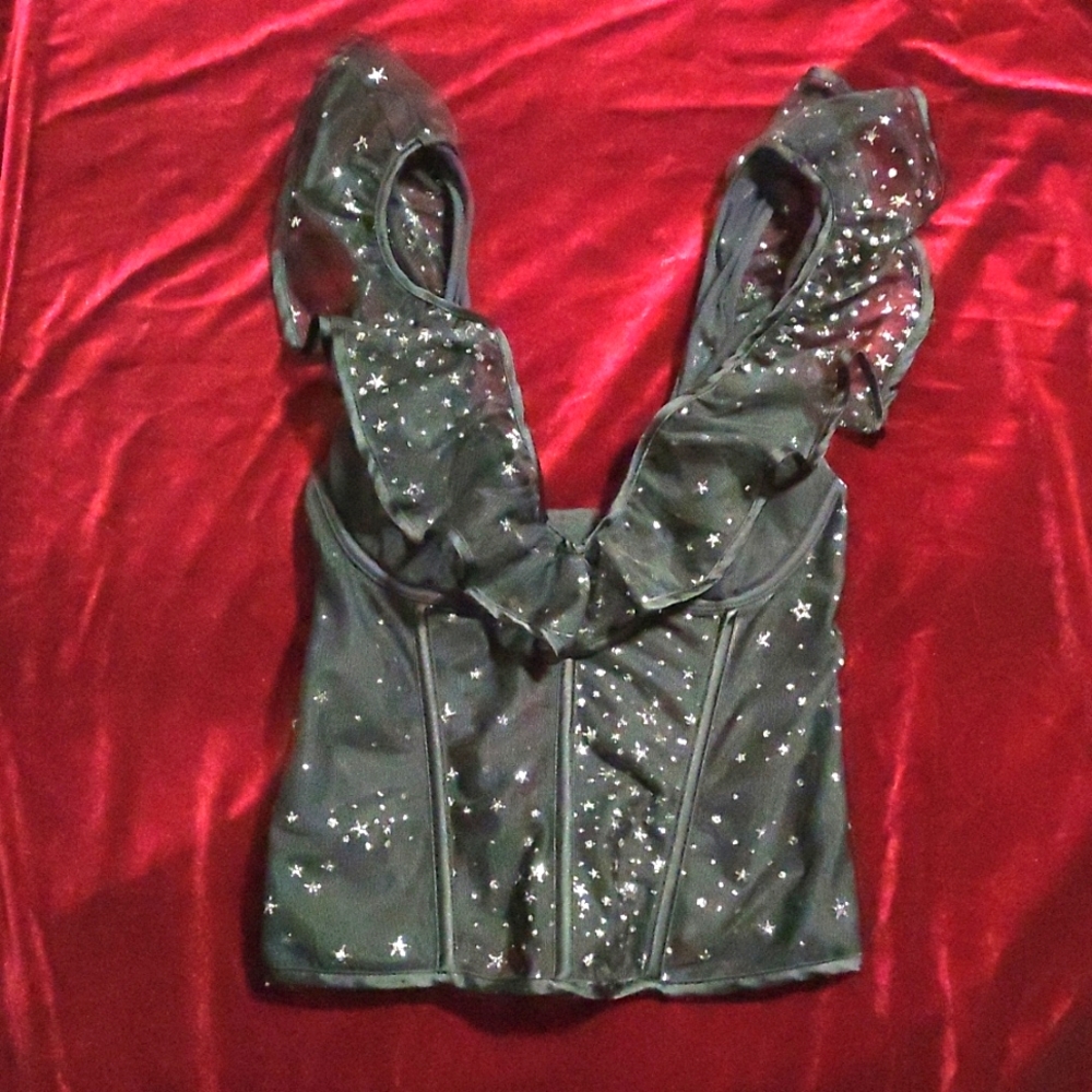32B Victoria's Secret Black & Silver Glittered Stars Longline Wired Corset Bra
